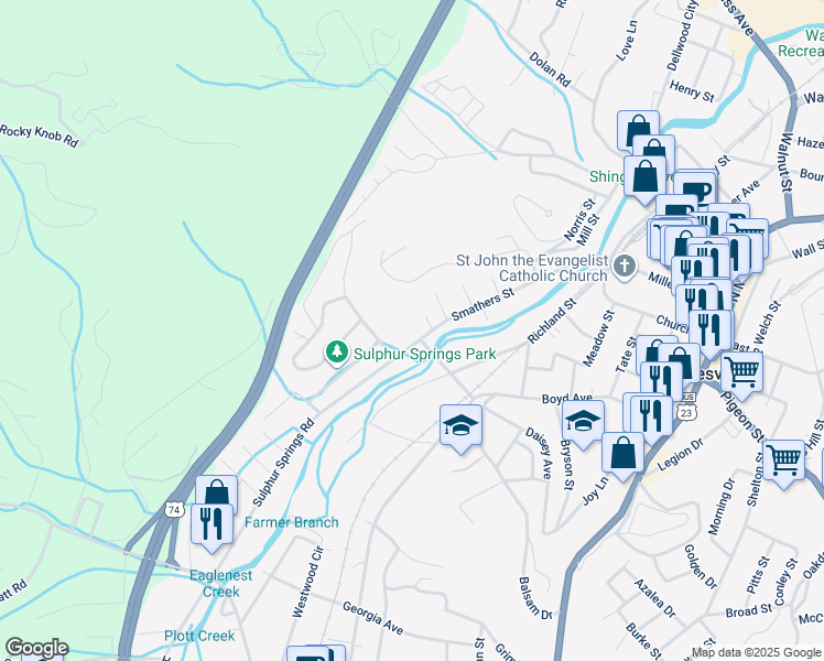 map of restaurants, bars, coffee shops, grocery stores, and more near 724 Smathers Street in Waynesville