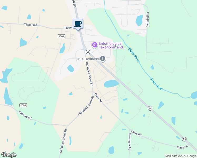 map of restaurants, bars, coffee shops, grocery stores, and more near 590 White Birch Lane in Angier