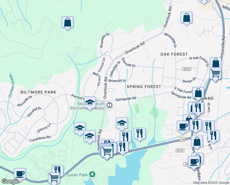 map of restaurants, bars, coffee shops, grocery stores, and more near 113 Cedar Forest Trail in Asheville