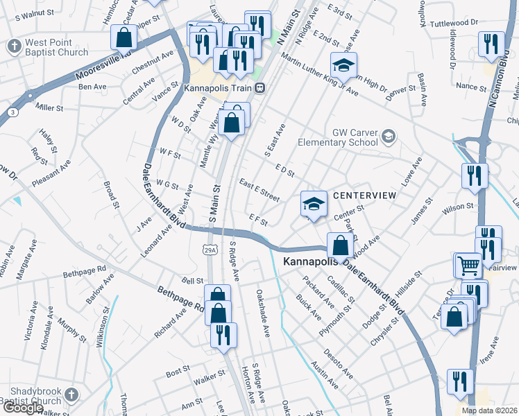 map of restaurants, bars, coffee shops, grocery stores, and more near 406 South Rose Avenue in Kannapolis