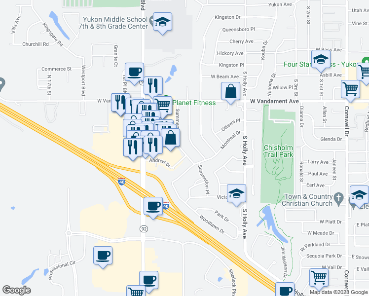 map of restaurants, bars, coffee shops, grocery stores, and more near 1306 Summerton Place in Yukon