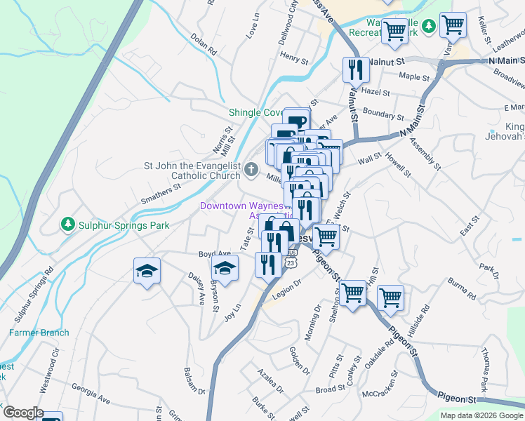 map of restaurants, bars, coffee shops, grocery stores, and more near 32 Central Street in Waynesville