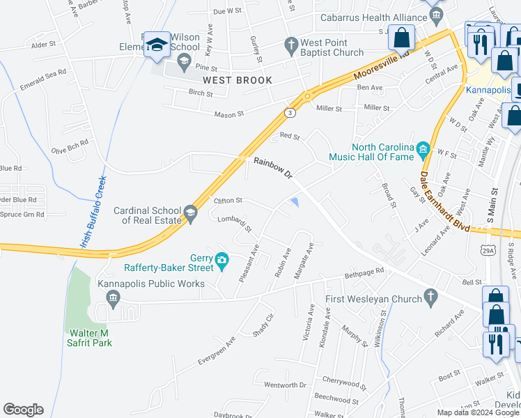 map of restaurants, bars, coffee shops, grocery stores, and more near 1206 Clifton Street in Kannapolis