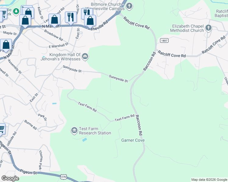 map of restaurants, bars, coffee shops, grocery stores, and more near 464 Sunnyside Street in Waynesville