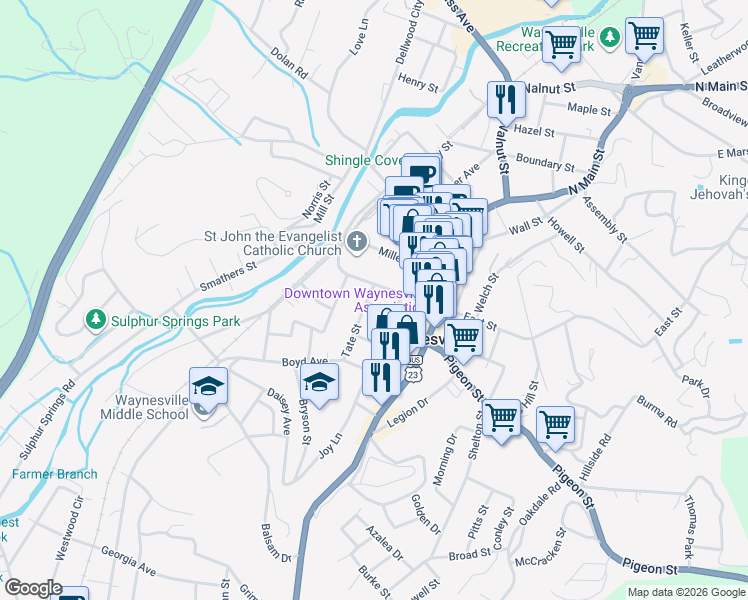 map of restaurants, bars, coffee shops, grocery stores, and more near 52 Central Street in Waynesville