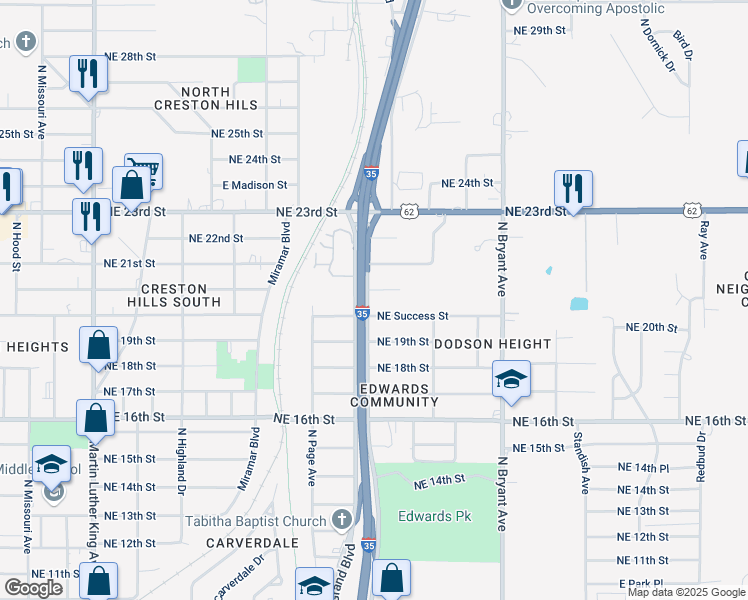 map of restaurants, bars, coffee shops, grocery stores, and more near 2036 Northeast Grand Boulevard in Oklahoma City