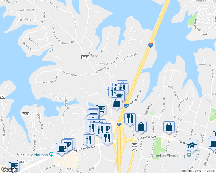 map of restaurants, bars, coffee shops, grocery stores, and more near 21110 Torrence Chapel Road in Cornelius