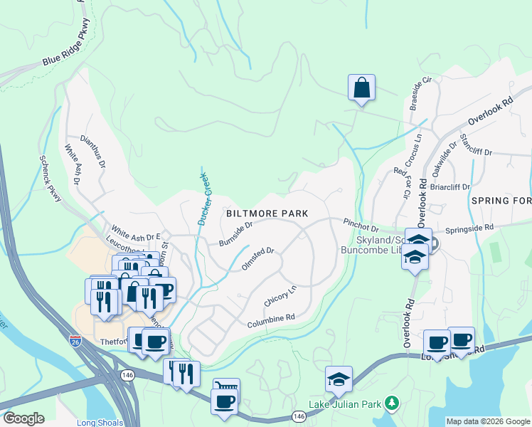 map of restaurants, bars, coffee shops, grocery stores, and more near 1109 Burnside Drive in Asheville