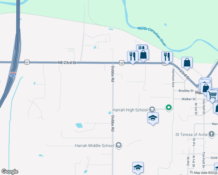 map of restaurants, bars, coffee shops, grocery stores, and more near 2129 Dobbs Road in Harrah