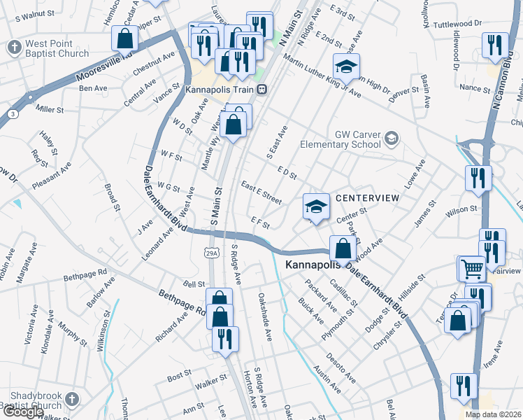 map of restaurants, bars, coffee shops, grocery stores, and more near 406 South Rose Avenue in Kannapolis