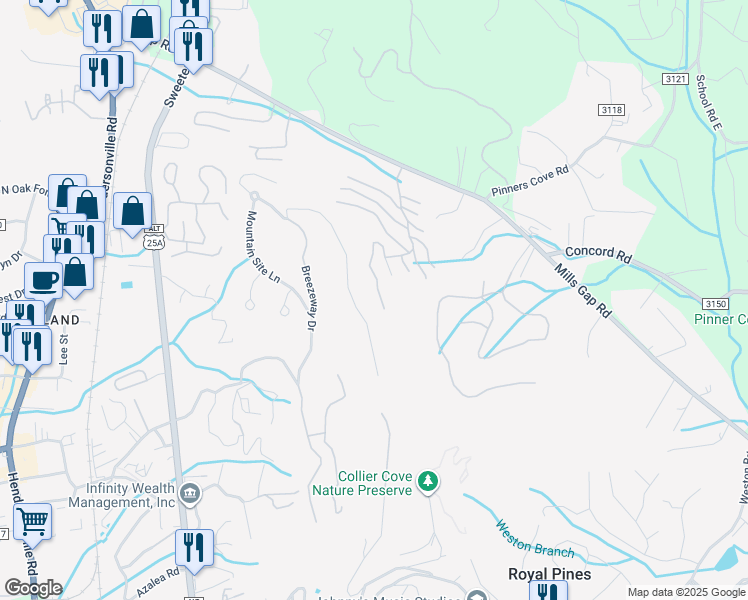 map of restaurants, bars, coffee shops, grocery stores, and more near 170 Treetops Lane in Asheville