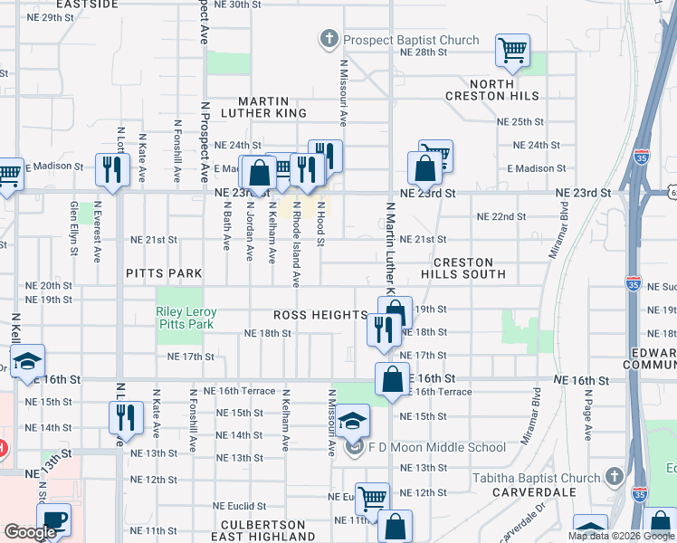 map of restaurants, bars, coffee shops, grocery stores, and more near 1816 Hardin Drive in Oklahoma City