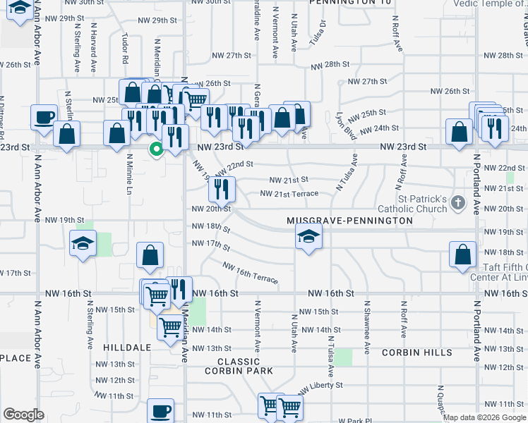 map of restaurants, bars, coffee shops, grocery stores, and more near 4220 Northwest 20th Street in Oklahoma City