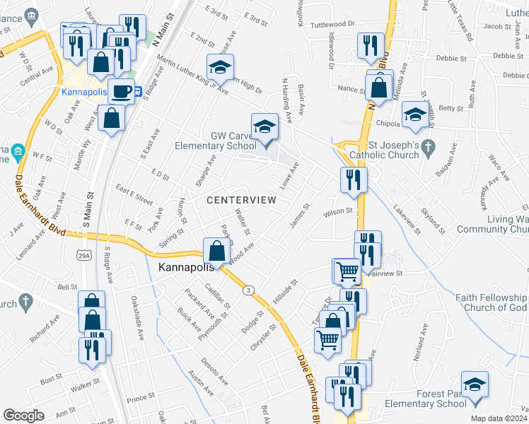 map of restaurants, bars, coffee shops, grocery stores, and more near 554 Foster Street in Kannapolis