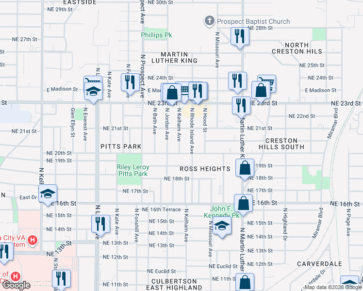 map of restaurants, bars, coffee shops, grocery stores, and more near 2112 North Kelham Avenue in Oklahoma City