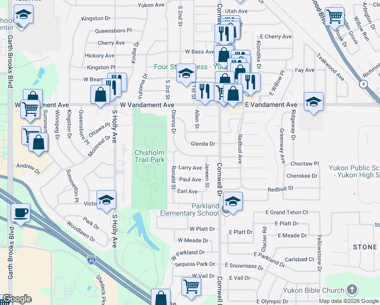 map of restaurants, bars, coffee shops, grocery stores, and more near 109 Dianna Drive in Yukon