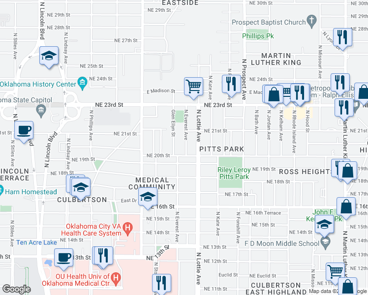 map of restaurants, bars, coffee shops, grocery stores, and more near 2115 North Everest Avenue in Oklahoma City
