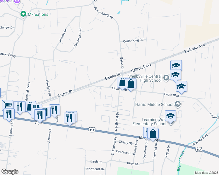 map of restaurants, bars, coffee shops, grocery stores, and more near 101 Eagle Boulevard in Shelbyville