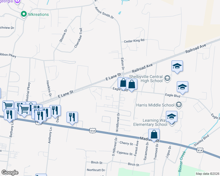 map of restaurants, bars, coffee shops, grocery stores, and more near 101 Eagle Boulevard in Shelbyville