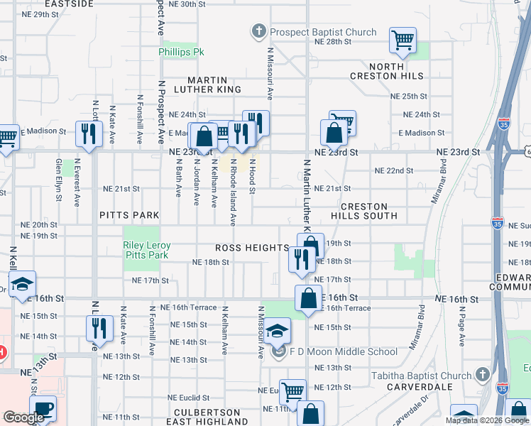 map of restaurants, bars, coffee shops, grocery stores, and more near 1816 Hardin Drive in Oklahoma City