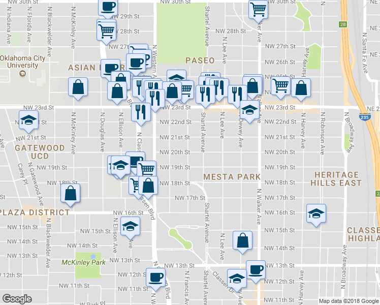 map of restaurants, bars, coffee shops, grocery stores, and more near 822 Northwest 20th Street in Oklahoma City