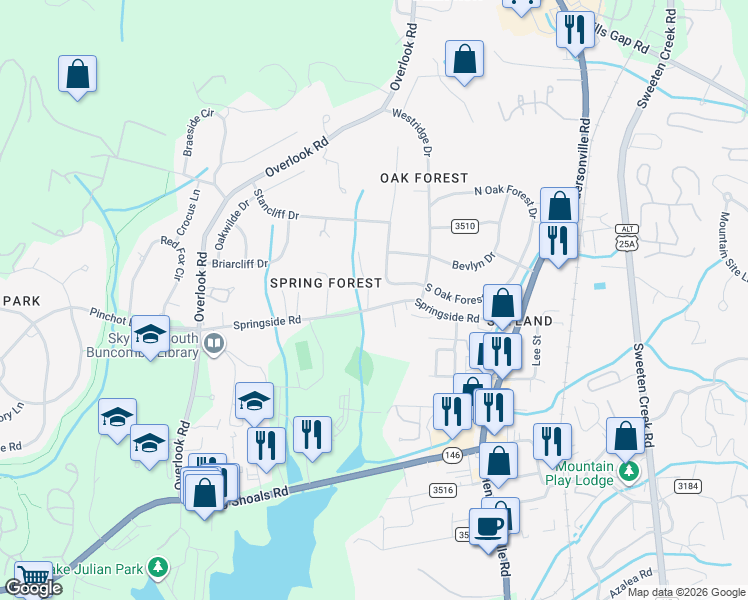 map of restaurants, bars, coffee shops, grocery stores, and more near 14 Springside Park in Asheville