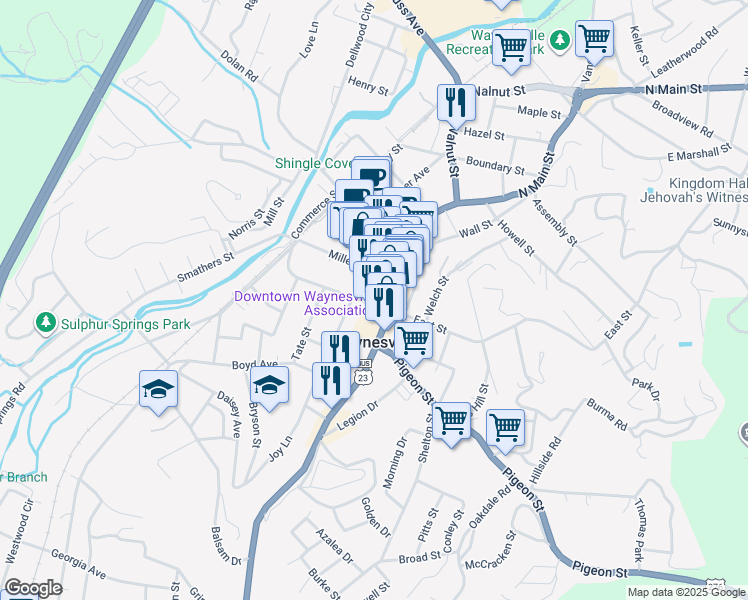 map of restaurants, bars, coffee shops, grocery stores, and more near 44 Church Street in Waynesville