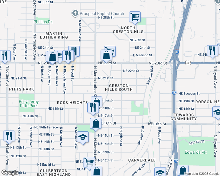 map of restaurants, bars, coffee shops, grocery stores, and more near 2100 Hardin Drive in Oklahoma City