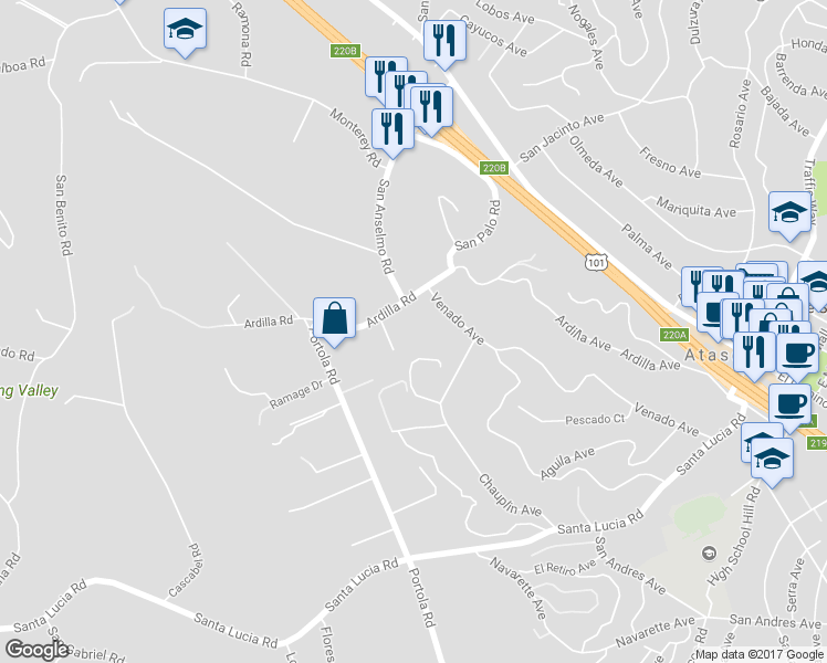 map of restaurants, bars, coffee shops, grocery stores, and more near 3880 Ardilla Road in Atascadero