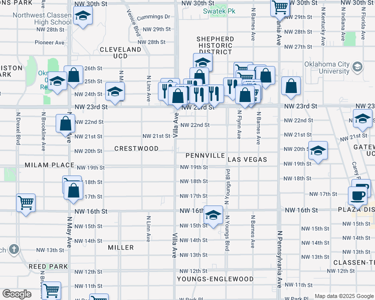 map of restaurants, bars, coffee shops, grocery stores, and more near 2413 Northwest 20th Street in Oklahoma City