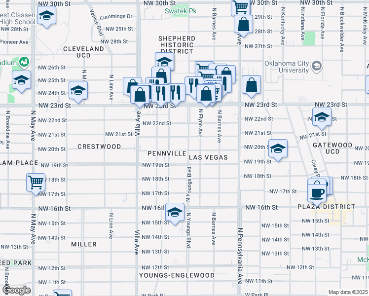 map of restaurants, bars, coffee shops, grocery stores, and more near 2301 Northwest 20th Street in Oklahoma City