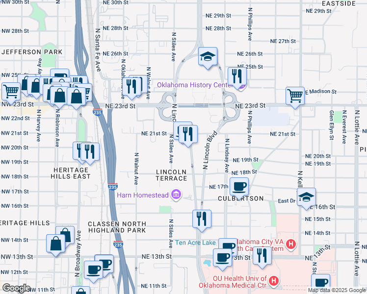 map of restaurants, bars, coffee shops, grocery stores, and more near 2101 North Lincoln Boulevard in Oklahoma City