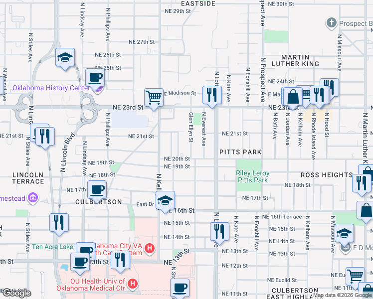 map of restaurants, bars, coffee shops, grocery stores, and more near 2108 North Stonewall Avenue in Oklahoma City