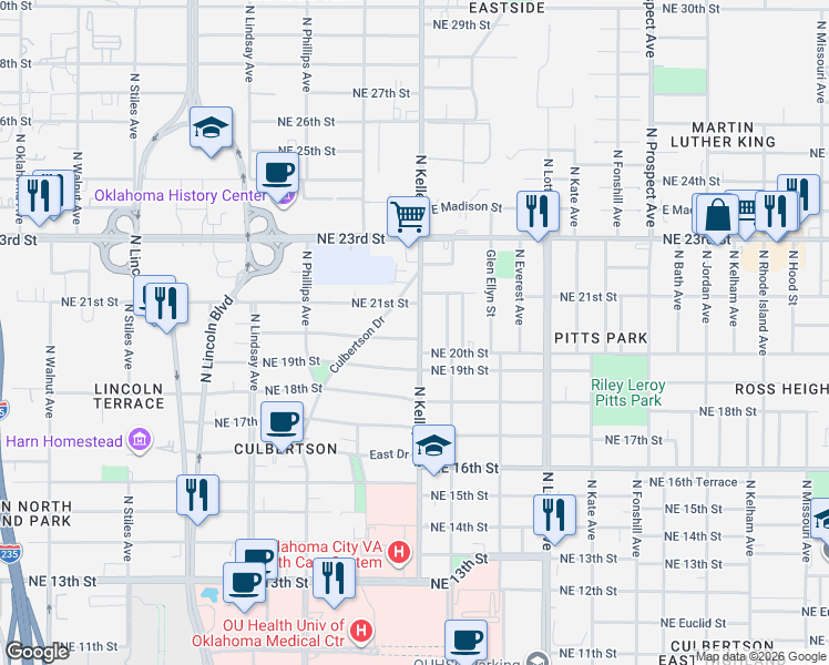 map of restaurants, bars, coffee shops, grocery stores, and more near 2110 North Kelley Avenue in Oklahoma City