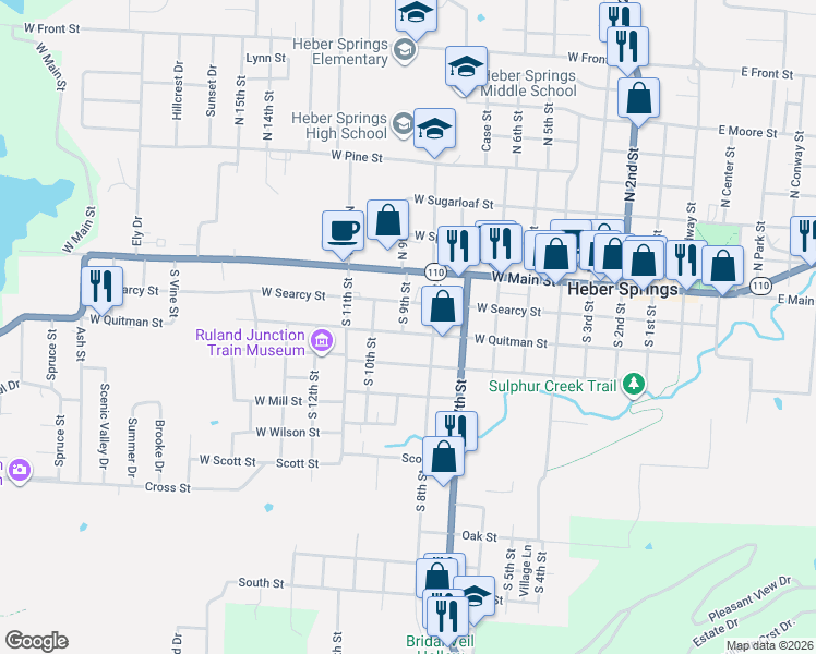 map of restaurants, bars, coffee shops, grocery stores, and more near 810 West Quitman Street in Heber Springs