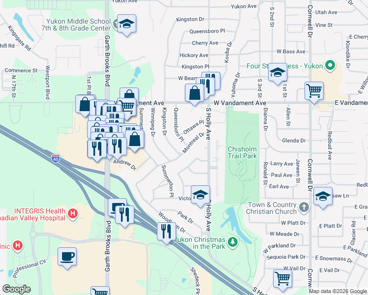 map of restaurants, bars, coffee shops, grocery stores, and more near 1317 Queensboro Place in Yukon