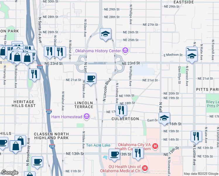 map of restaurants, bars, coffee shops, grocery stores, and more near 2100 North Lincoln Boulevard in Oklahoma City