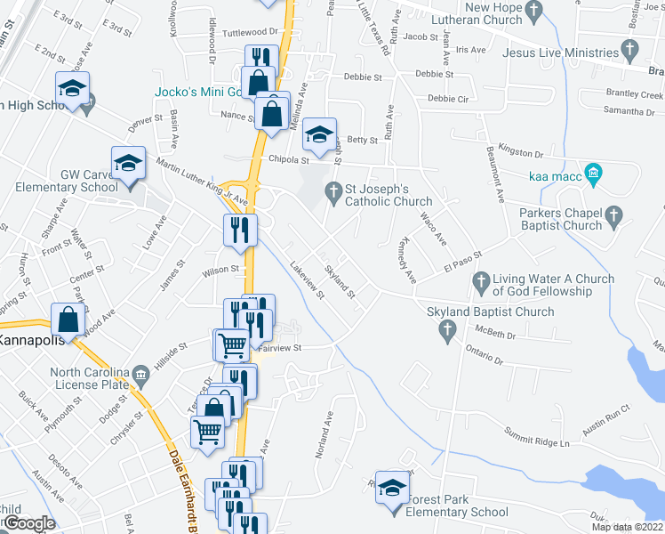 map of restaurants, bars, coffee shops, grocery stores, and more near 126 Inez Avenue in Kannapolis