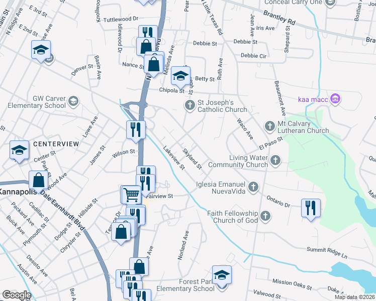 map of restaurants, bars, coffee shops, grocery stores, and more near 911 Skyland Street in Kannapolis