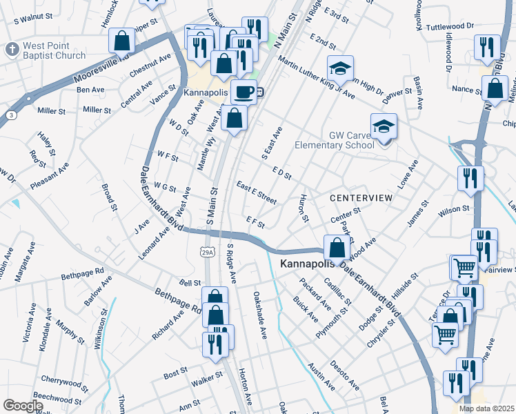 map of restaurants, bars, coffee shops, grocery stores, and more near 404 South Rose Avenue in Kannapolis