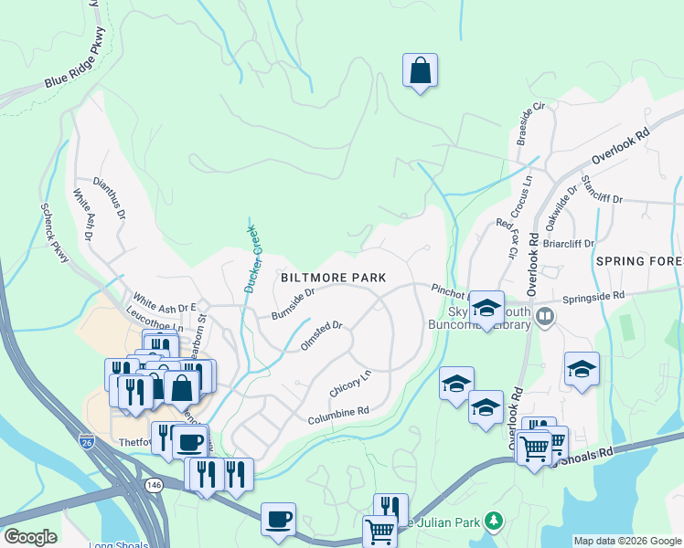 map of restaurants, bars, coffee shops, grocery stores, and more near 1109 Burnside Drive in Asheville