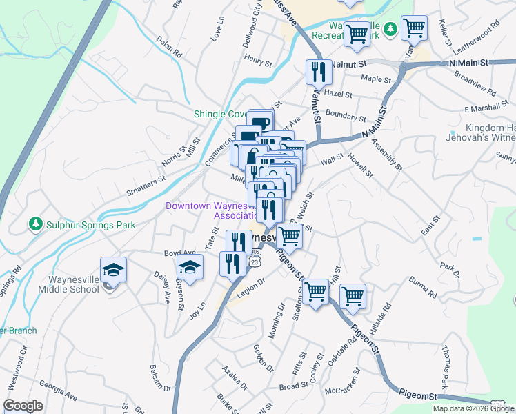 map of restaurants, bars, coffee shops, grocery stores, and more near 44 Church Street in Waynesville