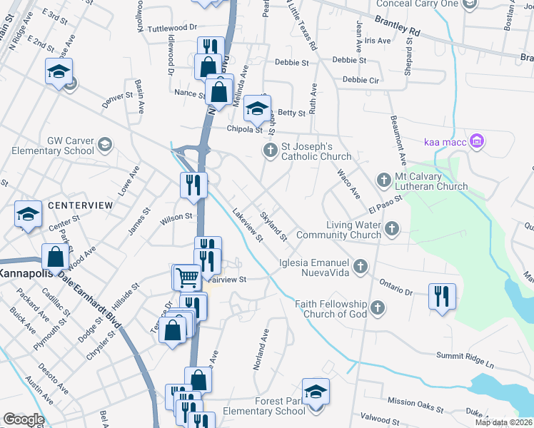 map of restaurants, bars, coffee shops, grocery stores, and more near 911 Skyland Street in Kannapolis