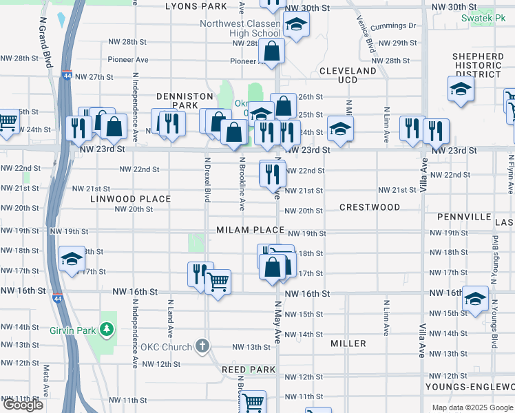 map of restaurants, bars, coffee shops, grocery stores, and more near 2933 Northwest 20th Street in Oklahoma City