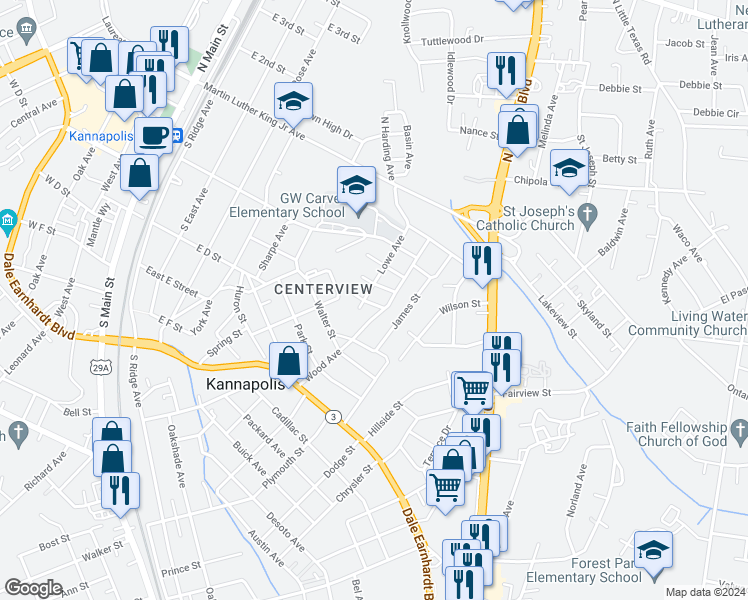 map of restaurants, bars, coffee shops, grocery stores, and more near 603 Foster Street in Kannapolis