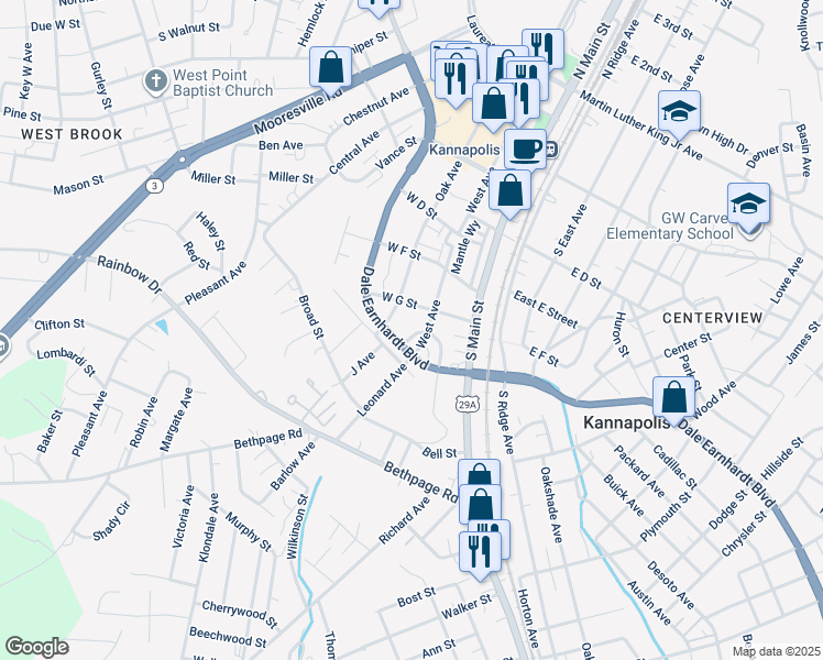 map of restaurants, bars, coffee shops, grocery stores, and more near 508 Martin Circle in Kannapolis