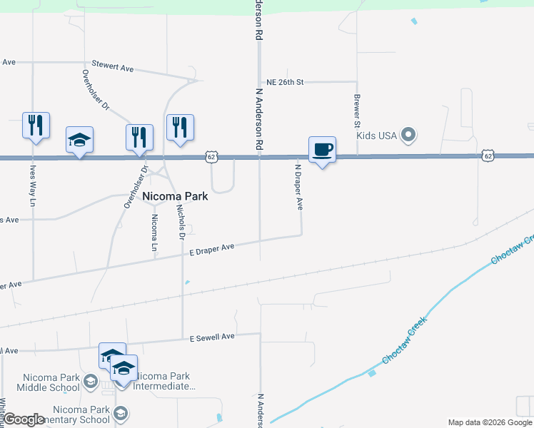 map of restaurants, bars, coffee shops, grocery stores, and more near 12007 East Draper Avenue in Choctaw
