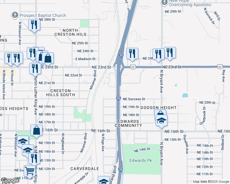 map of restaurants, bars, coffee shops, grocery stores, and more near 2031 Northeast Grand Boulevard in Oklahoma City
