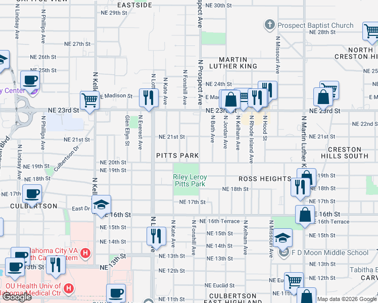 map of restaurants, bars, coffee shops, grocery stores, and more near 2110 Sherman Avenue in Oklahoma City