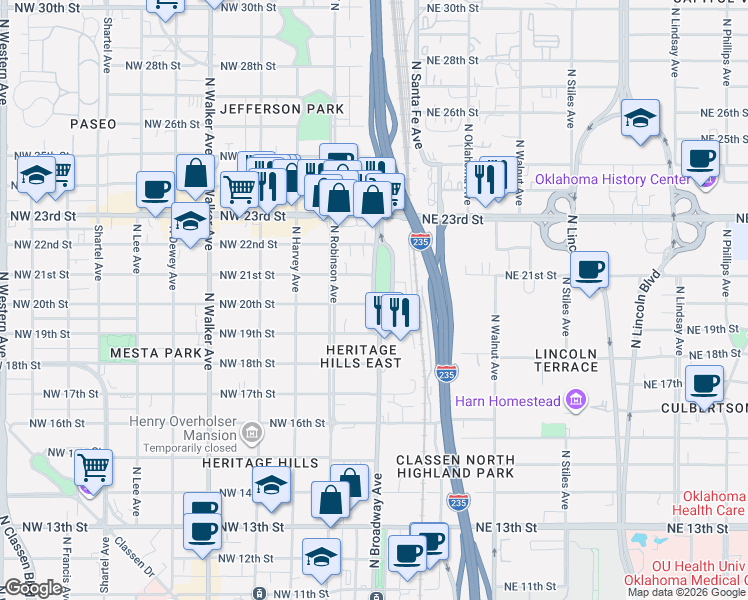 map of restaurants, bars, coffee shops, grocery stores, and more near 2016 North Broadway Avenue in Oklahoma City